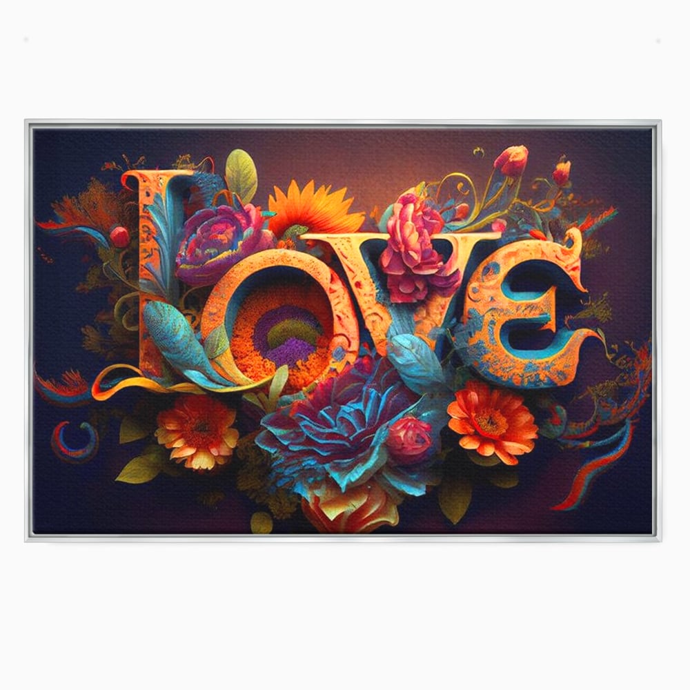 Tablou canvas cu tablou canvas cu litere florale stilizate, in rama de aluminiu argintiu